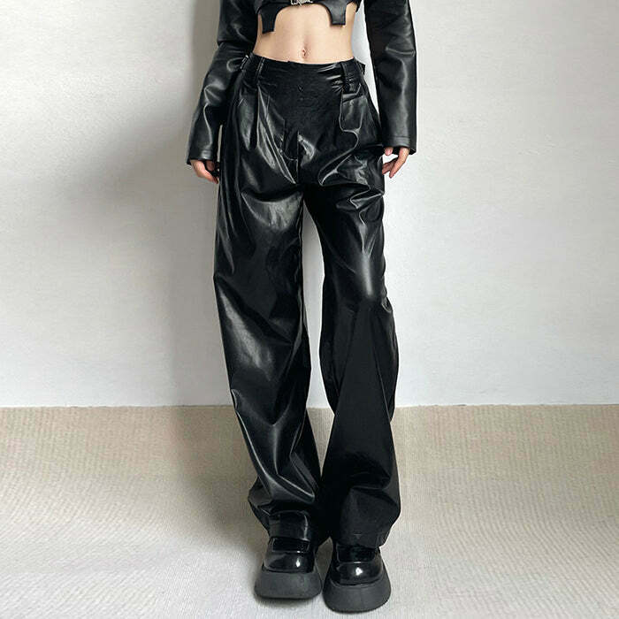 Y2K Faux Leather Grunge Pants - 90s Fashion, Retro Style, Y2K Summer Outfits, Gothic