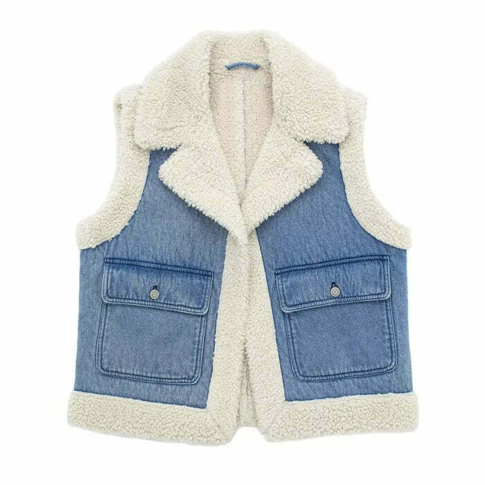 Y2K Faux Sherpa Lined Denim Vest - 90s Grunge, Retro Style, Y2K Summer &