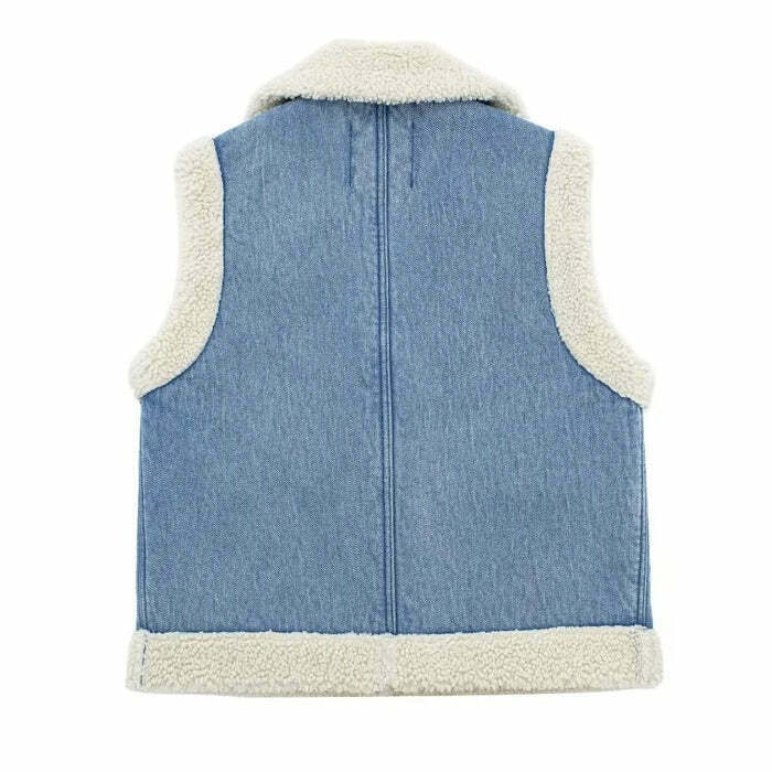 Y2K Faux Sherpa Lined Denim Vest - 90s Grunge, Retro Style, Y2K Summer &