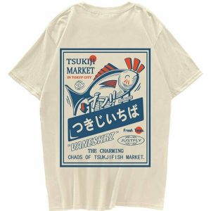 Y2K Fish Print Harajuku T-shirt - Retro 90s Grunge, Summer Y2K Outfits,