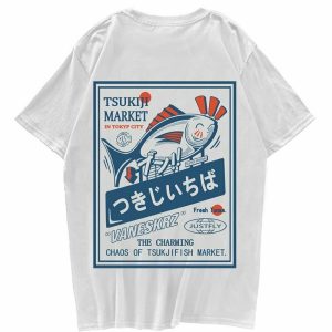 Y2K Fish Print Harajuku T-shirt - Retro 90s Grunge, Summer Y2K Outfits,