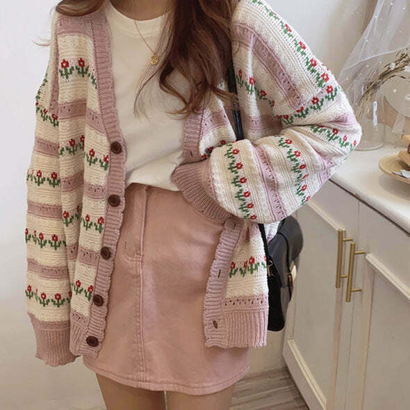 Y2K Floral Cardigan - Retro 90s Grunge, Summer Outfits, Pastel Goth, Y2K