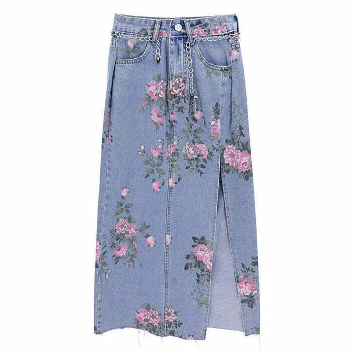 Y2K Floral Denim Skirt - 90s Grunge, Retro Summer Outfit, Pastel Goth Fashion