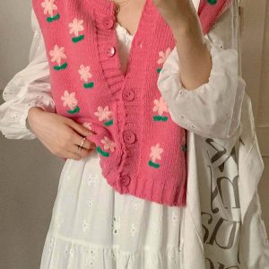 Y2K Floral Embroidered Knit Vest - 90s Grunge, Retro, Pastel Goth, Summer Y2