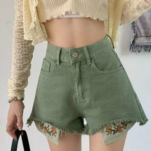 Y2K Floral Embroidery Shorts - 90s Grunge Summer Outfit, Retro Y2K Fashion, Pastel Goth