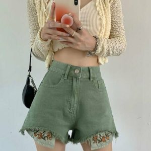 Y2K Floral Embroidery Shorts - 90s Grunge Summer Outfit, Retro Y2K Fashion, Pastel Goth