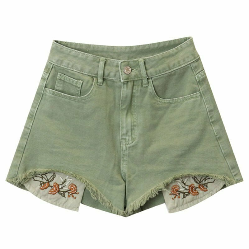 Y2K Floral Embroidery Shorts - 90s Grunge Summer Outfit, Retro Y2K Fashion, Pastel Goth