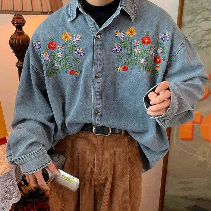 Y2K Floral Embroidery Vintage Denim Shirt - 90s Grunge, Retro Summer, Y2K Fashion