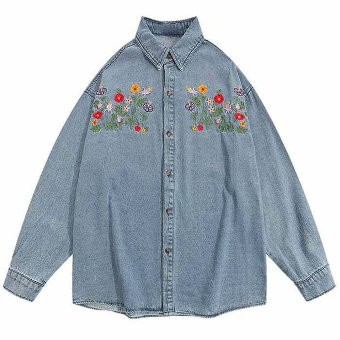 Y2K Floral Embroidery Vintage Denim Shirt - 90s Grunge, Retro Summer, Y2K Fashion