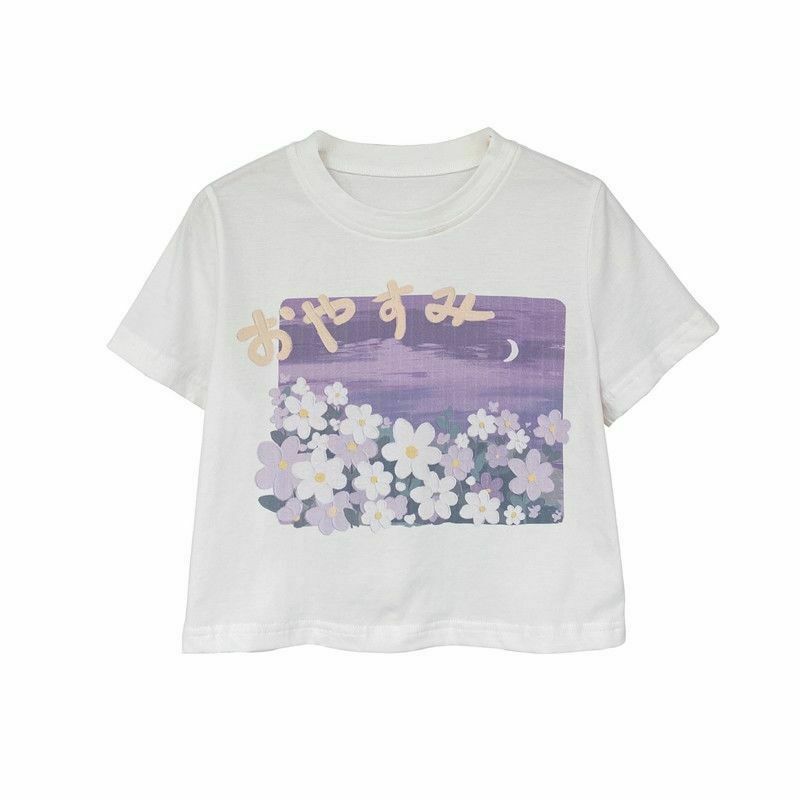 Y2K Floral O-neck T-shirt - Retro 90s Grunge Summer Outfit, Baby Tees, Y2K