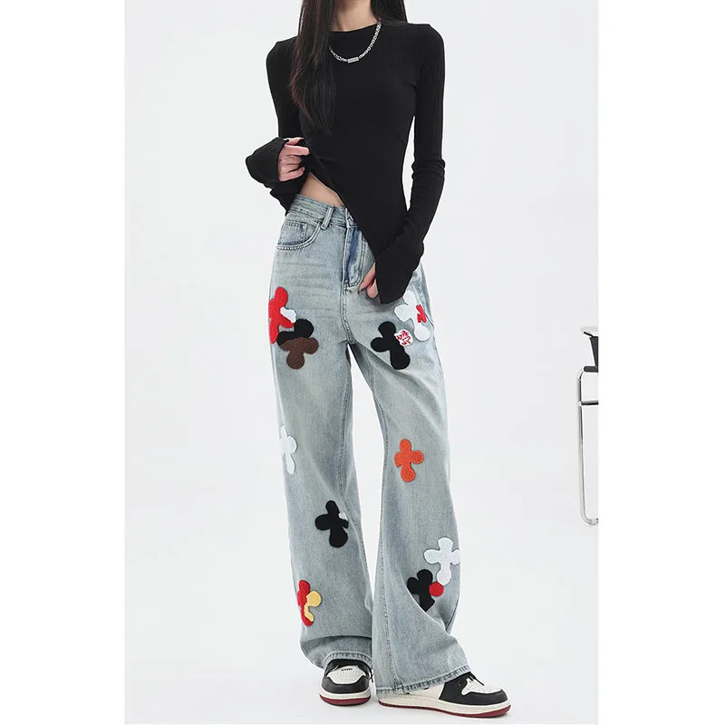 Y2K Floral Print High Waist Pants: Casual Chic Blue Straight Jeans for Women