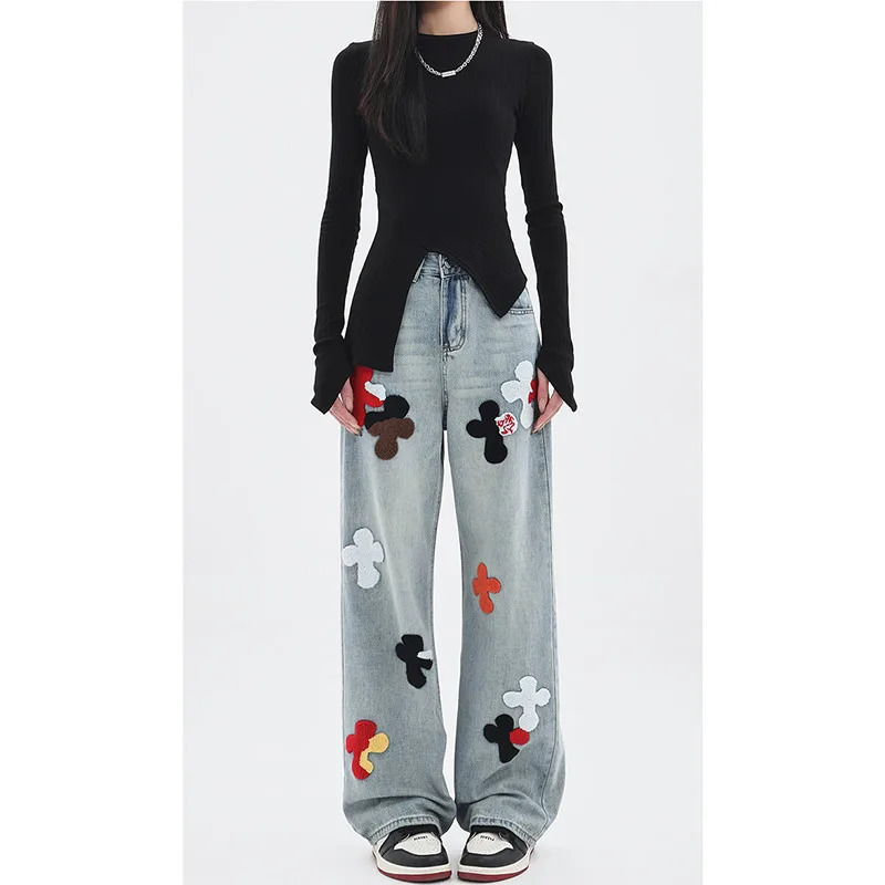 Y2K Floral Print High Waist Pants: Casual Chic Blue Straight Jeans for Women