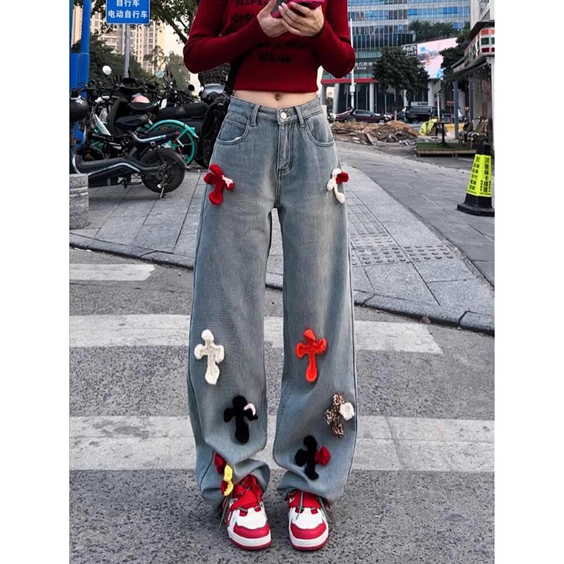 Y2K Floral Print High Waist Pants: Casual Chic Blue Straight Jeans for Women