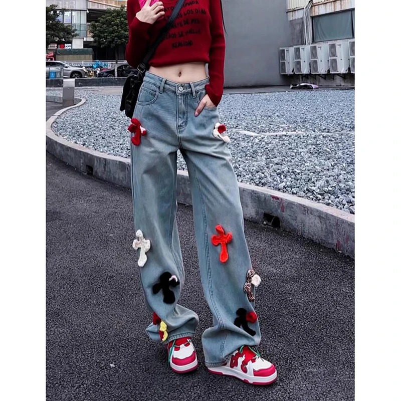 Y2K Floral Print High Waist Pants: Casual Chic Blue Straight Jeans for Women