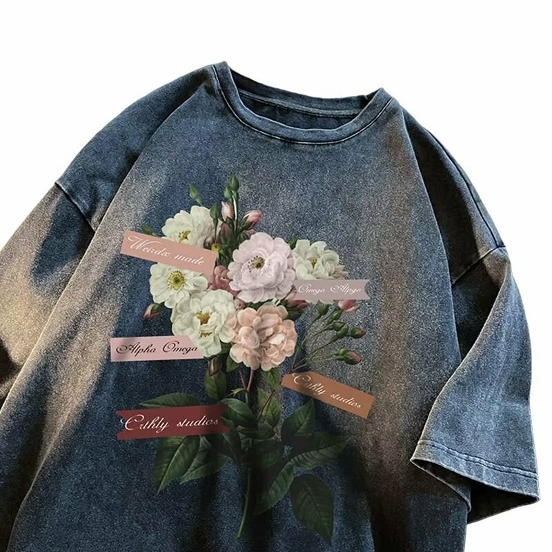 Y2K Floral Washed Cotton Oversized T-Shirt - Retro 90s Grunge Summer Outfit