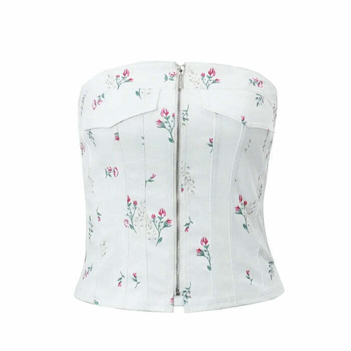 Y2K Floral Zip Up Corset Top - 90s Grunge, Retro Summer, Pastel Goth, Party Outfit