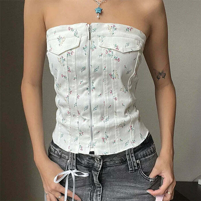 Y2K Floral Zip Up Corset Top - 90s Grunge, Retro Summer, Pastel Goth, Party Outfit