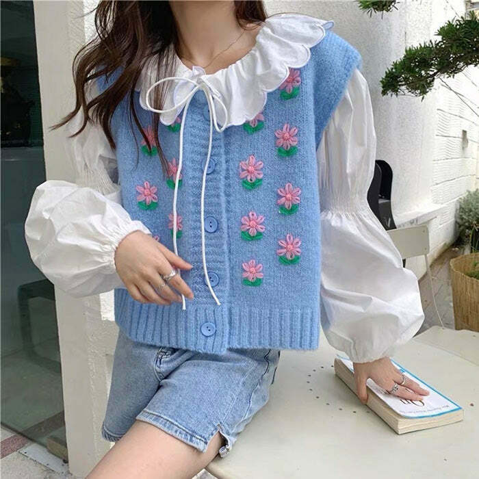 Y2K Flower Embroidery Blue Knit Vest - Retro 90s Grunge Summer Outfit, Y2K Top, Past