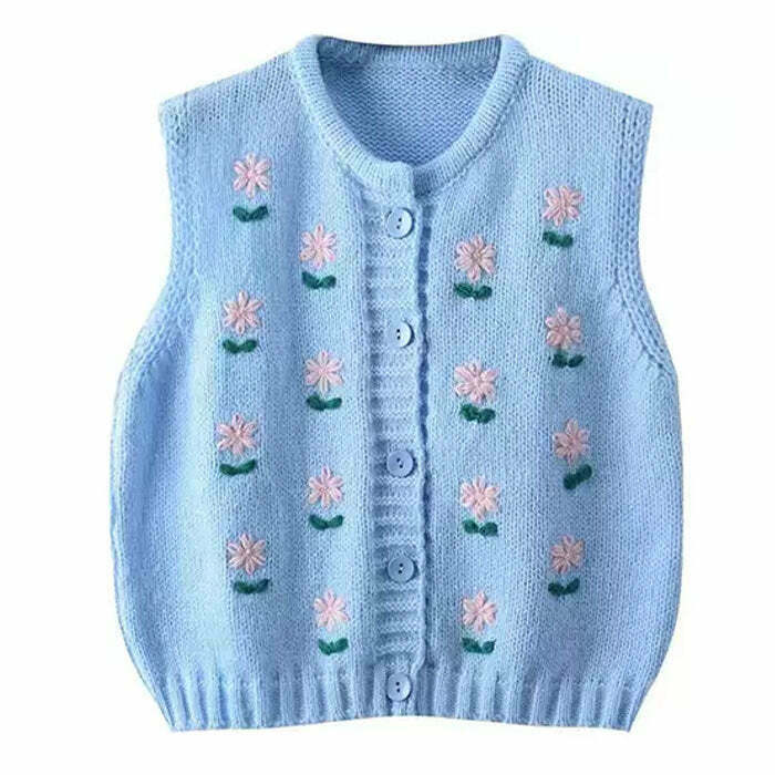 Y2K Flower Embroidery Blue Knit Vest - Retro 90s Grunge Summer Outfit, Y2K Top, Past