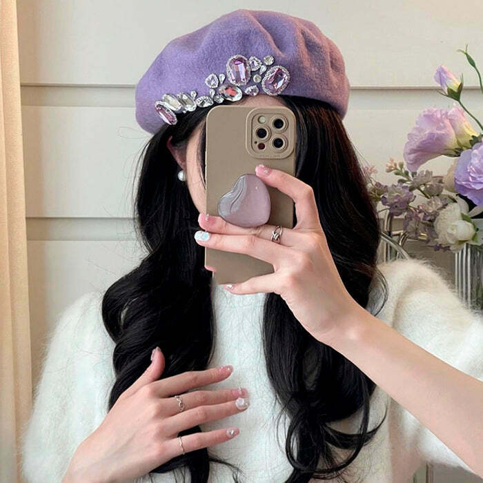 Y2K French Girl Rhinestone Beret - 90s Grunge, Retro, Pastel Goth, and Summer Y