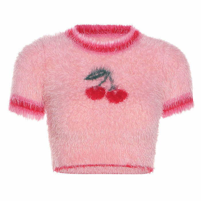 Y2K Fuzzy Cherry Crop Top - 90s Grunge, Retro Summer Outfit, Pastel Goth, Y2