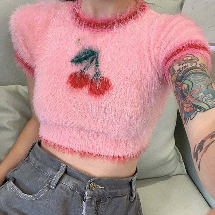 Y2K Fuzzy Cherry Crop Top - 90s Grunge, Retro Summer Outfit, Pastel Goth, Y2