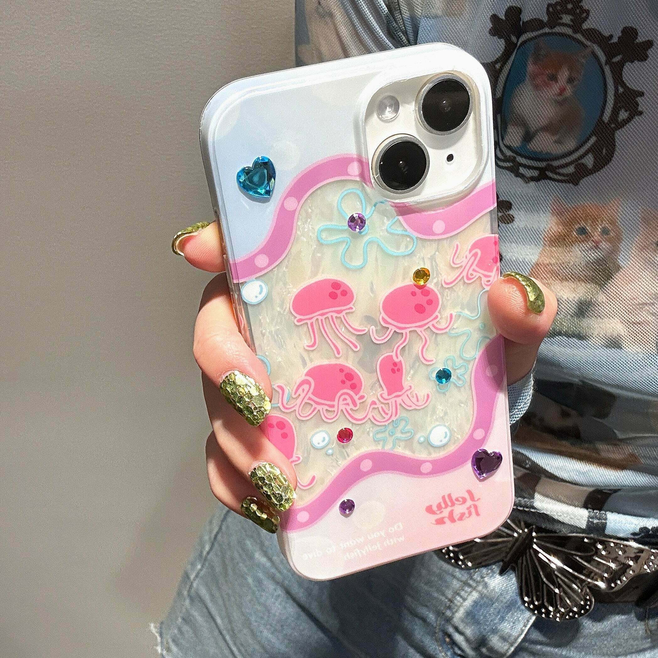 Y2K Glitter Jellyfish iPhone Case - Retro 90s Grunge, Pastel Goth, and Popstar V