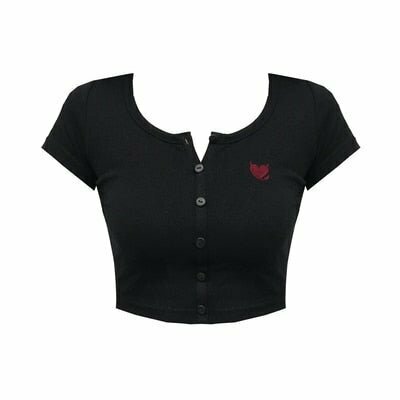 Y2K Goth Heart Embroidery Crop Top - Retro 90s Grunge, Summer Y2K Outfits, Baby