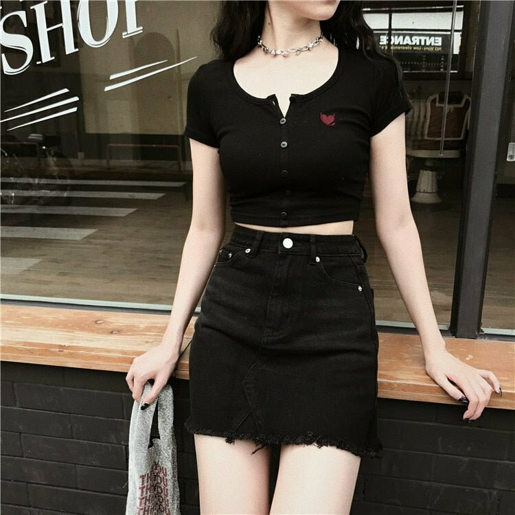 Y2K Goth Heart Embroidery Crop Top - Retro 90s Grunge, Summer Y2K Outfits, Baby