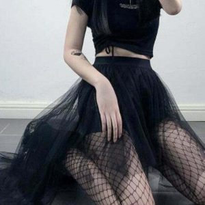 Y2K Goth Mesh Skirt - Retro 90s Grunge Outfit, Perfect for Y2K Summer and Party Looks