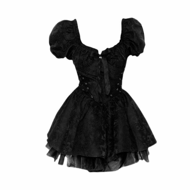 Y2K Gothic Black Beach Dress - Retro 90s Grunge Summer Outfit for Women