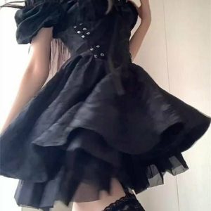 Y2K Gothic Black Beach Dress - Retro 90s Grunge Summer Outfit for Women