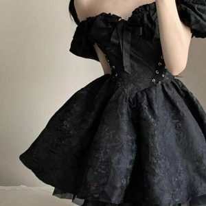 Y2K Gothic Black Beach Dress - Retro 90s Grunge Summer Outfit for Women