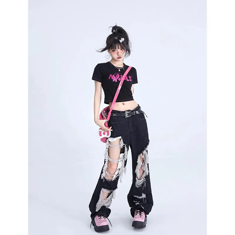 Y2K Gothic Black High Waist Jeans: Vintage Streetwear for Women