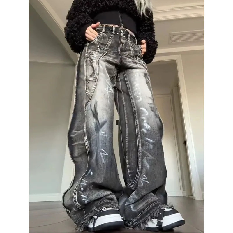 Y2K Gothic Black Jeans: Harajuku 90s Aesthetic Baggy Denim Trousers - Vintage Punk