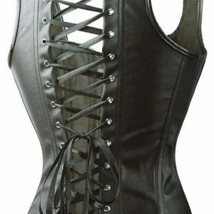 Y2K Gothic Black Synthetic Leather Corset - Perfect for 90s Grunge and Retro Party Outfits