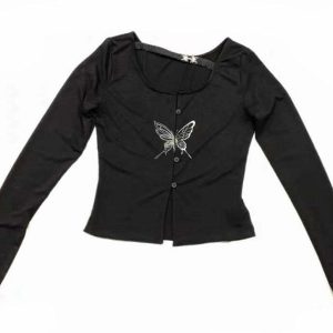 Y2K Gothic Butterfly Crop Top - Perfect for 90s Grunge, Retro, and Summer Y2K Outfits