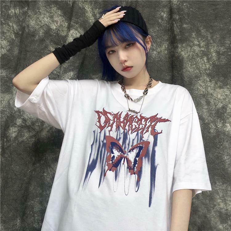 Y2K Gothic Butterfly Print T-Shirt - Retro 90s Grunge Summer Outfit for Women