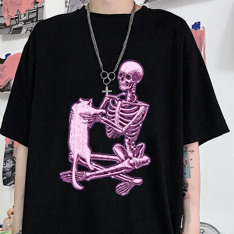 Y2K Gothic Cat Print Oversized T-Shirt - 90s Grunge, Retro, Pastel Goth, Summer Y