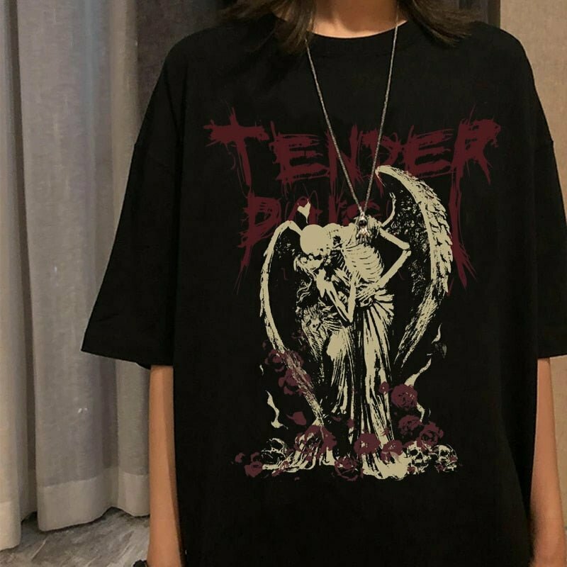 Y2K Gothic Devil Angel Print T-shirt - Retro 90s Grunge, Summer Y2K Outfits, Past