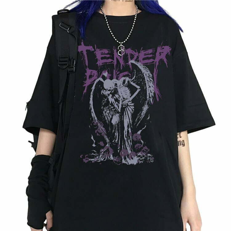 Y2K Gothic Devil Angel Print T-shirt - Retro 90s Grunge, Summer Y2K Outfits, Past