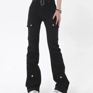 Y2K Gothic Flare Cargo Jeans - Retro 90s Grunge Style for Summer Outfits