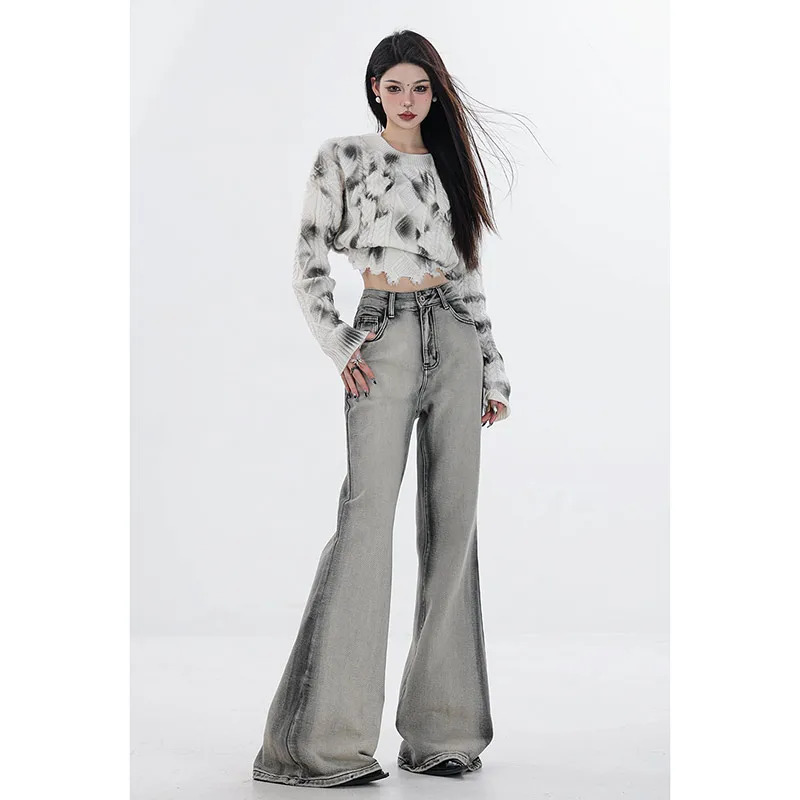 Y2K Gothic Grey Jeans: Vintage Aesthetic Denim Trousers