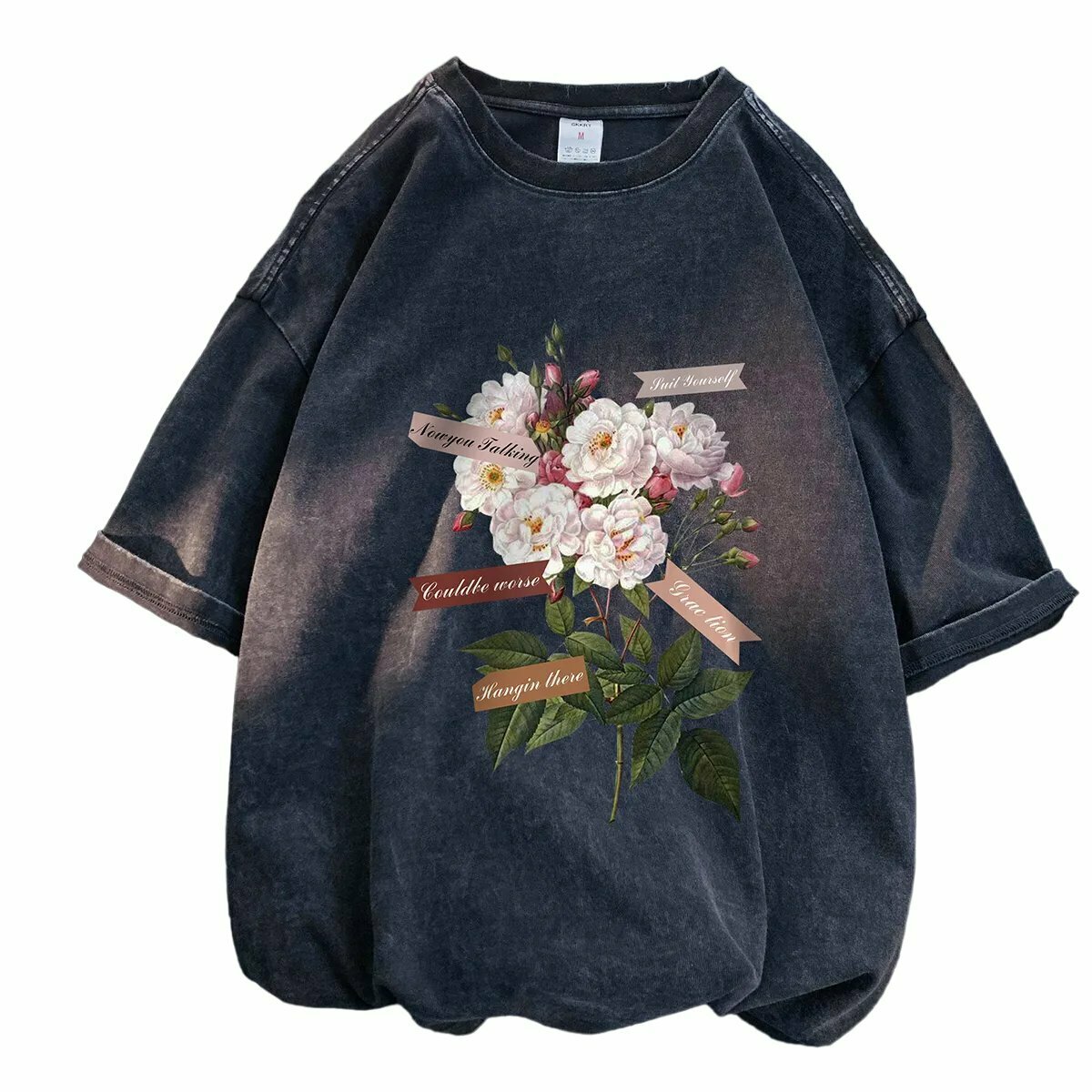 Y2K Gothic Grunge Flowers Cotton T-Shirt - Retro 90s Summer Outfit, Pastel Goth Style