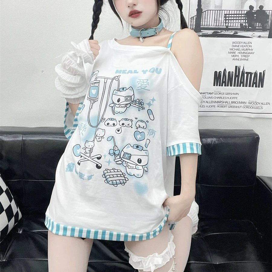 Y2K Gothic Harajuku Cartoon Tee - Retro 90s Grunge, Pastel Goth, Y2K Summer