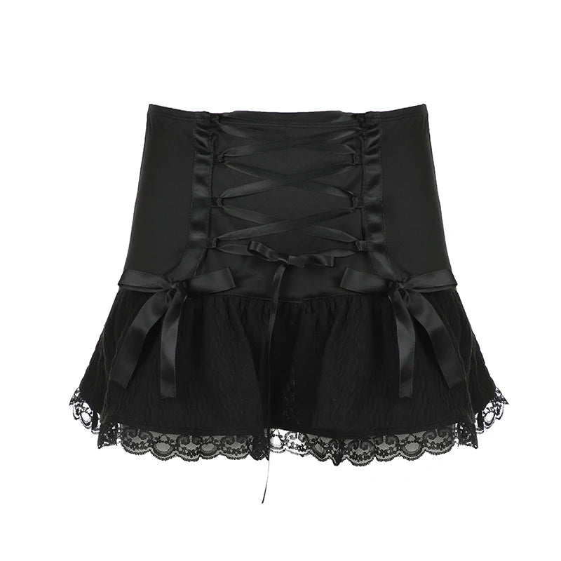 Y2K Gothic Lace Trim Mini Skirt - Retro 90s Grunge, Pastel Goth, Y2K Summer