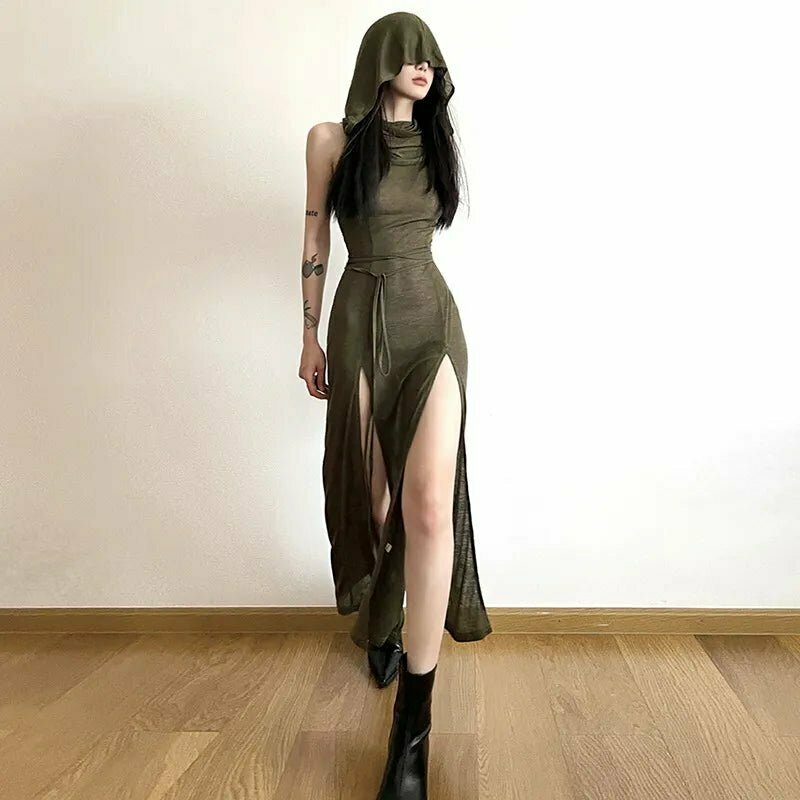 Y2K Gothic Punk Hollowed Midi Dress - Retro 90s Grunge Summer Outfit for Women