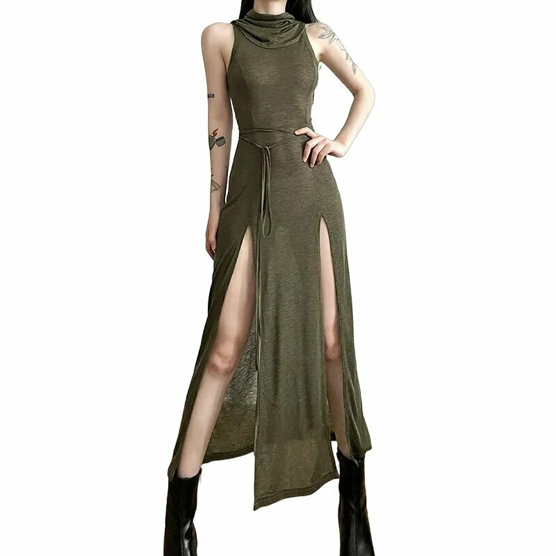 Y2K Gothic Punk Hollowed Midi Dress - Retro 90s Grunge Summer Outfit for Women