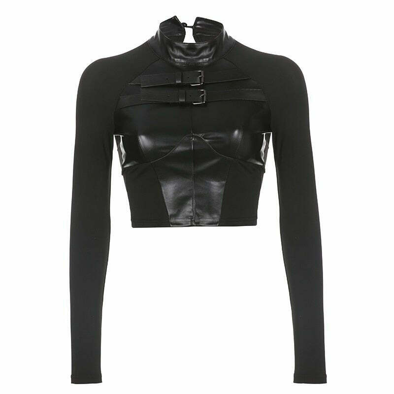 Y2K Gothic Punk Leather PU Crop Top - Retro 90s Grunge Summer Party Outfit for Women