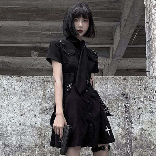 Y2K Gothic Punk Shirt Dress - 90s Grunge Summer Outfit, Retro Y2K Fashion for Women